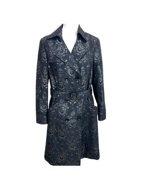 NWT W By Worth Navy Metallic Jacquard Belted Double-Breasted Trench Coat S